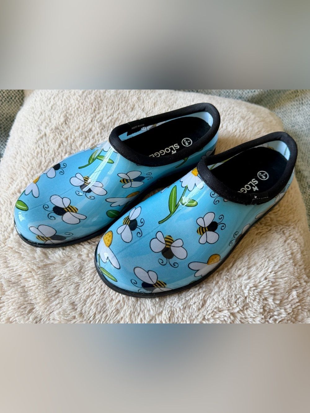 Sloggers Bee Blue Floral Garden Rain Shoes Waterproof Clogs Women's 7 Slip On